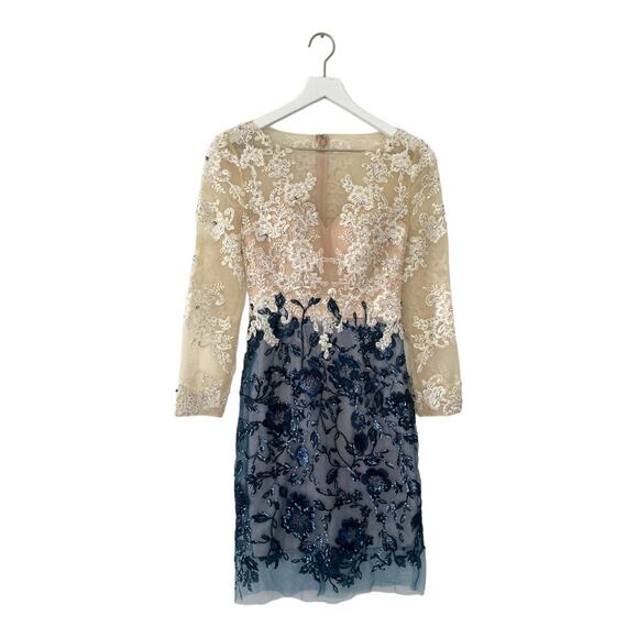 NWT Lara Designs Lace Embroidered Dress Ivory Navy Size 2 Long Sleeve Cocktail - Picture 1 of 12